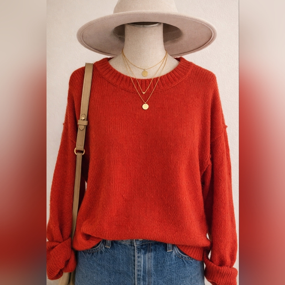 Tory Burch Eva Chunky Knit Wool Crew Pullover Sweater in Spicy Orange Red Large